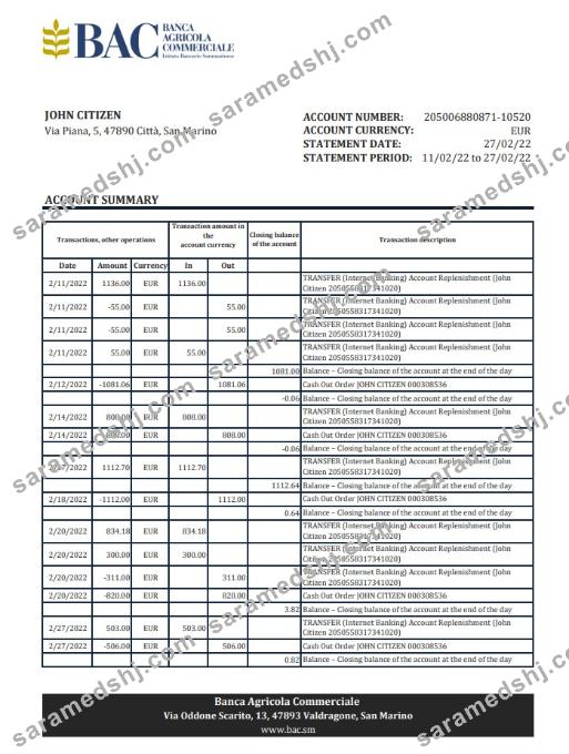 San Marino Banca Agricole Commerciale bank statement